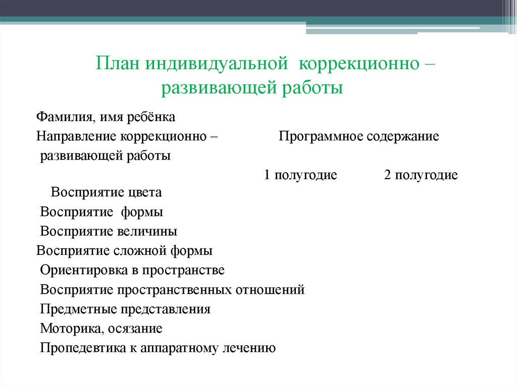 План коррекционно развивающей работы с ребенком