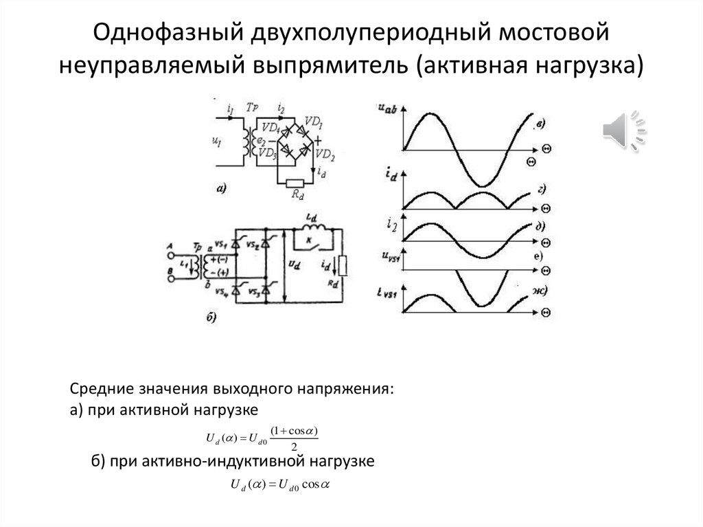 Мостовой выпрямитель. Однофазный двухполупериодный выпрямитель с мостовой схемой. Однофазный двухполупериодный тиристорный выпрямитель. Однофазный полупериодный выпрямитель схема. Однофазный мостовой управляемый выпрямитель схема.