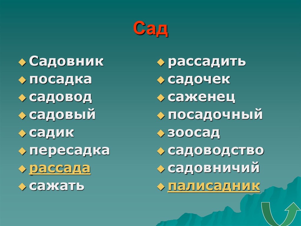 Синонимы гор. Родственные слова сад. Однокоренные слова. Родственные слова к слову сад. Однокоренные Слава сад.