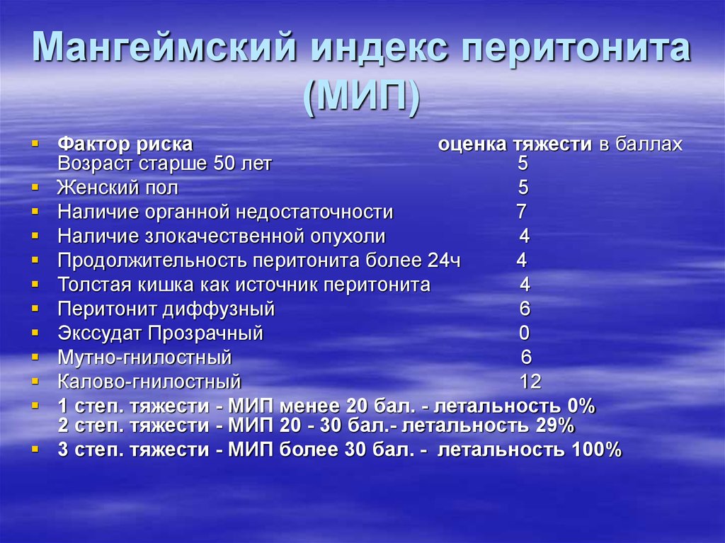 Порядок следования. Шкала оценки Мангеймского индекса перитонита. Ментгейнский перитонеальный индекс. Шкалы перитонита. Мангеймский индекс перитонита.