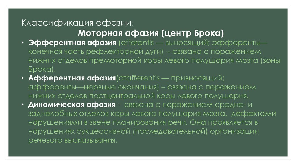 Организация речевого высказывания. Моторная Эфферентная афазия центр Брока. Классификация афазии. Афазия Брока. Моторная афазия Брока.