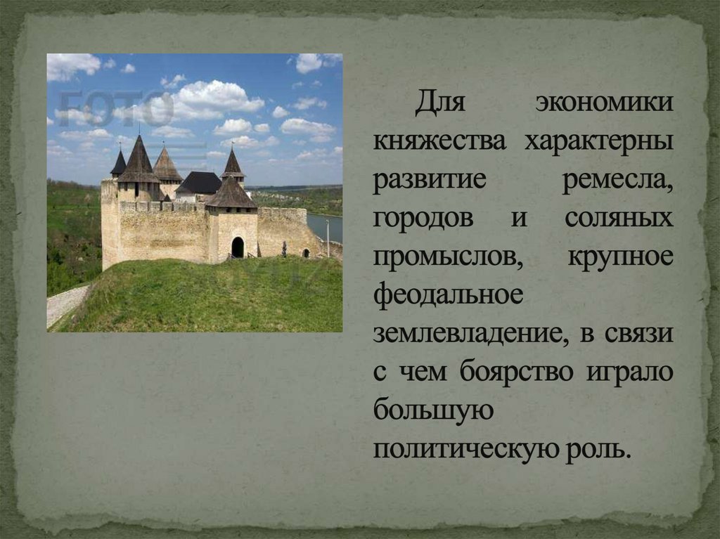 Для экономики княжества характерны развитие ремесла, городов и соляных промыслов, крупное феодальное землевладение, в связи с