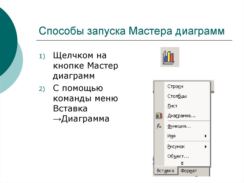 На первом шаге мастера диаграмм в электронной таблице