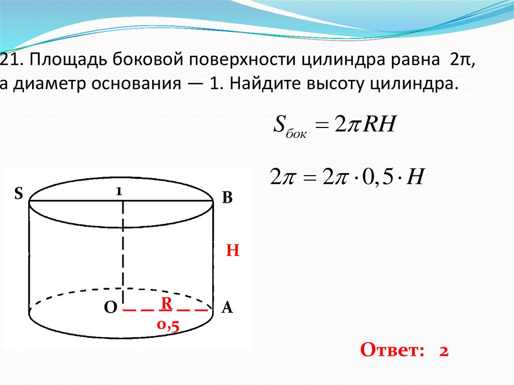 21. Площадь боковой поверхности цилиндра равна 2π, а диаметр основания — 1. Найдите высоту цилиндра.