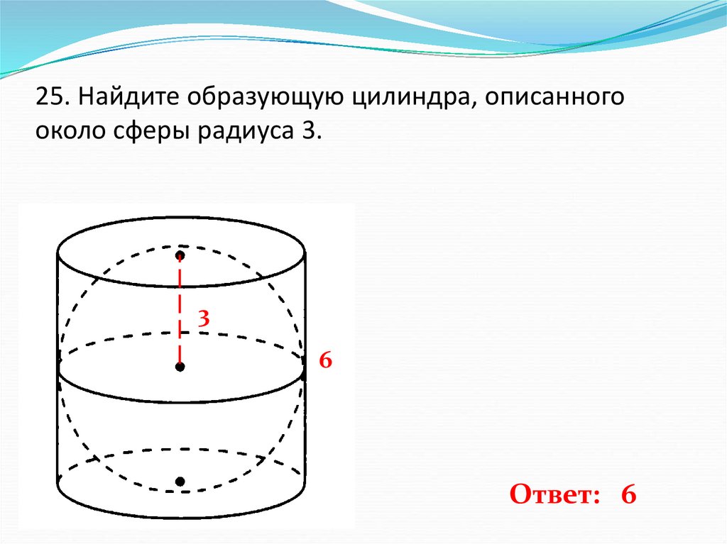 25. Найдите образующую цилиндра, описанного около сферы радиуса 3.