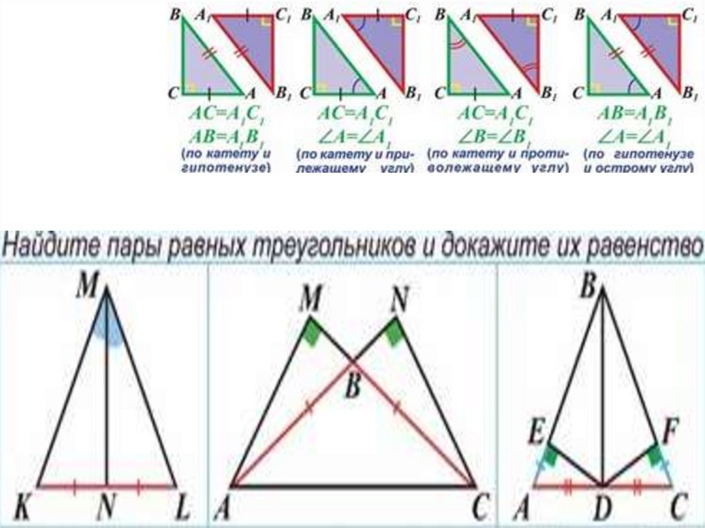 Признаки равенства прямоугольных треугольников таблица. Укажите признак равенства прямоугольных треугольников. Доказательства равенства двух прямоугольных треугольников. Четыре признака равенства прямоугольных треугольников. Свойства равенства прямоугольных треугольников.