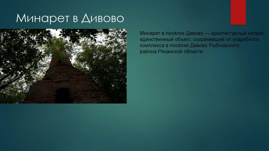 Единственный объект. Минарет в Дивово Рязанская область. Минарет в Дивово. Рязань презентация по географии. Минарет Дивово на карте.