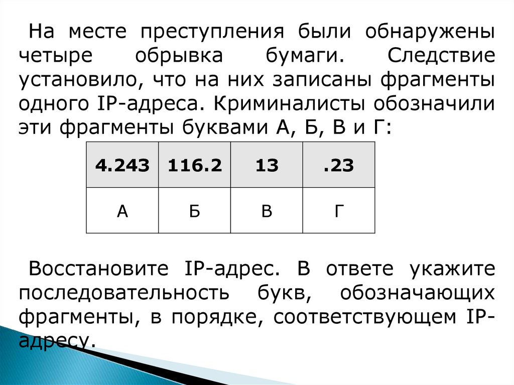 Музыкальный фрагмент был записан в формате стерео. На месте преступления были обнаружены четыре обрывка бумаги. На месте преступления были обнаружены четыре обрывка бумаги 2.22. ФРАГМЕНТЫ букв. На месте преступления были обнаружены четыре обрывка бумаги .64 3.13.