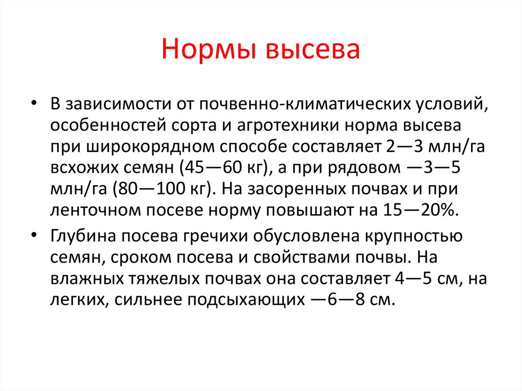 Норма высева на 1 га. Норма высева семян гречихи на 1 га в кг. Сроки посева гречихи.