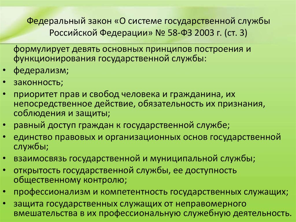 Федеральный закон «О системе государственной службы Российской Федерации» № 58-ФЗ 2003 г. (ст. 3)