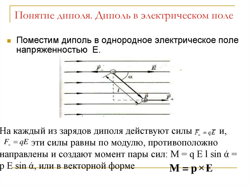 Однородное электрическое поле действует на. Понятие электростатического диполя. Электрическое поле диполя. Электрический диполь в электрическом поле. Электрический диполь поле диполя.