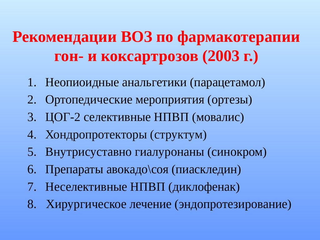 Рекомендации ВОЗ по фармакотерапии гон- и коксартрозов (2003 г.)