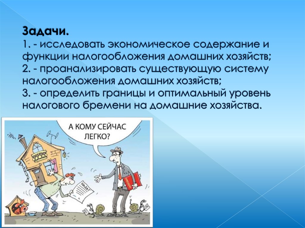 Задачи. 1. - исследовать экономическое содержание и функции налогообложения домашних хозяйств; 2. - проанализировать