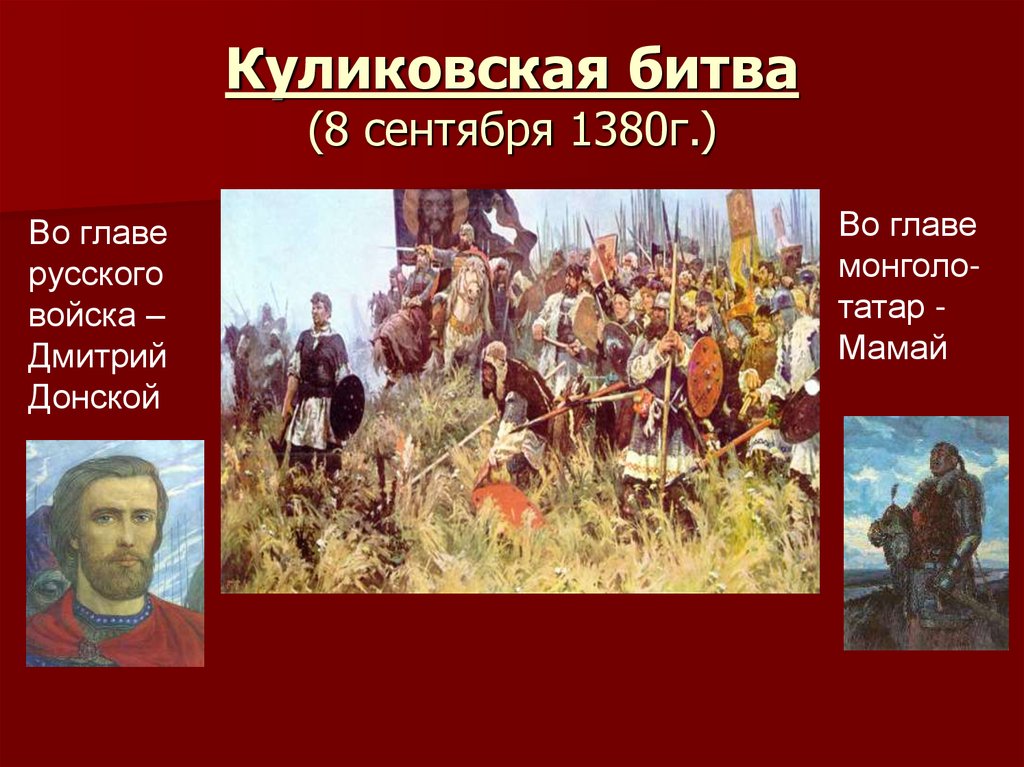 Исторические события произошедшие в вашем регионе. Куликовская битва 8 сентября 1380 г. Поле битвы 8 сентября 1380 год Куликовская битва 4 класс.