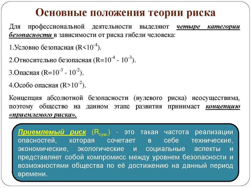 Главные положения. Теория риска БЖД. Основные положения теории. Основные положения теории риска. Основные положения теории безопасности.