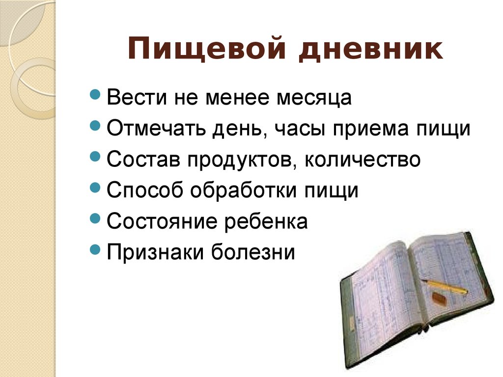 Менее месяца. Названия пищевых Дневников. Правила пользования пищевым дневником.