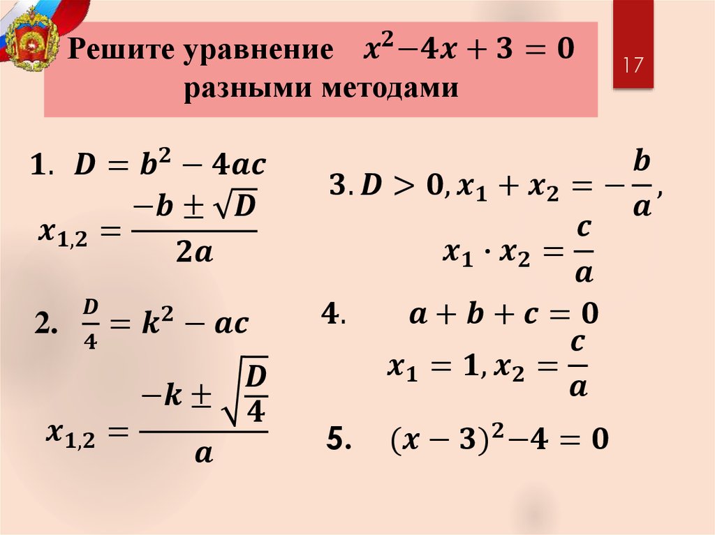 Решите уравнение 〖 x〗^2-4x+3=0 разными методами