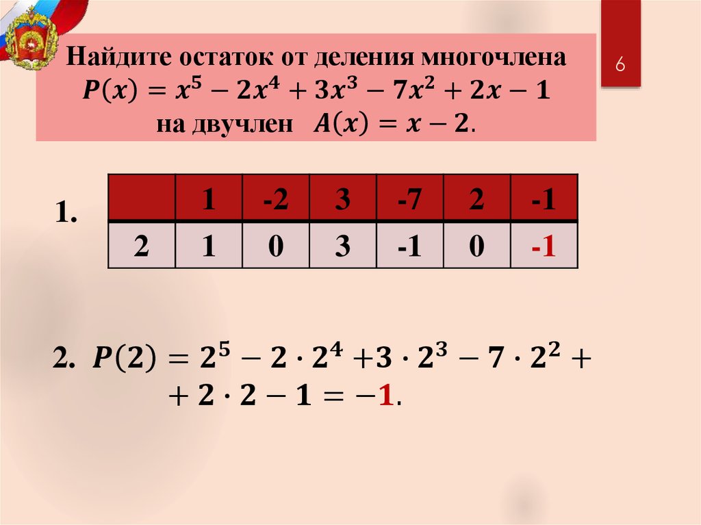 Найдите остаток от деления многочлена P(x)=x^5-2x^4+3x^3-7x^2+2x-1 на двучлен A(x)=x-2.