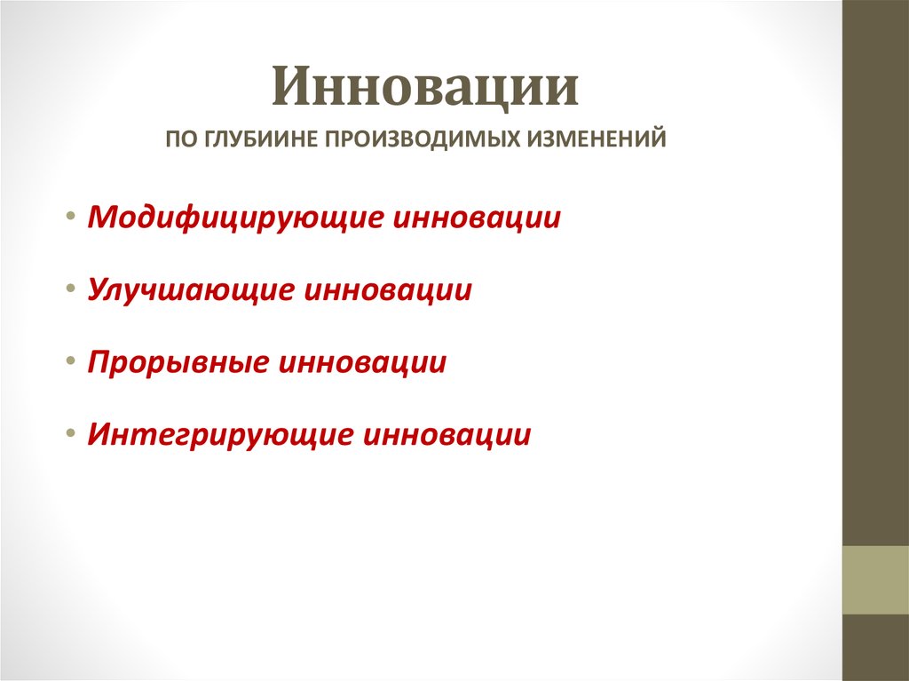 Произведены изменения. Прорывные инновации. Модифицирующие инновации. Улучшающие инновации.