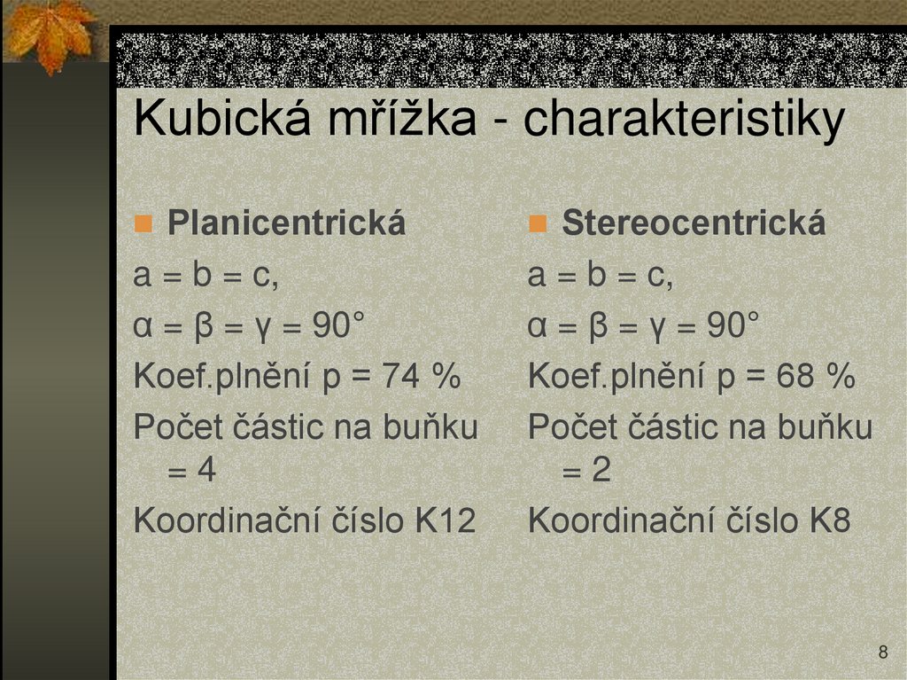 Kubická mřížka - charakteristiky