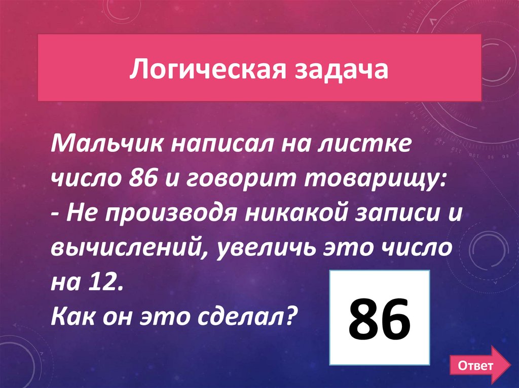 500 задач. Задача логирования. Мальчик написал на бумажке число 86. Саша написал на листке бумаги число 86 и говорит своему товарищу. Папа написал на листочке число 86.