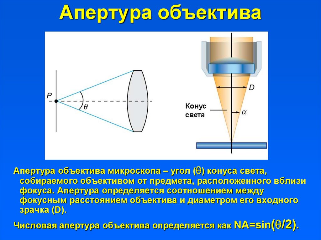 Единица измерения оптической линзы. Формула числовая Апертура объектива микроскопа. Апертурный угол объектива микроскопа это. Угловая Апертура микроскопа. Угловая Апертура микроскопа формула.