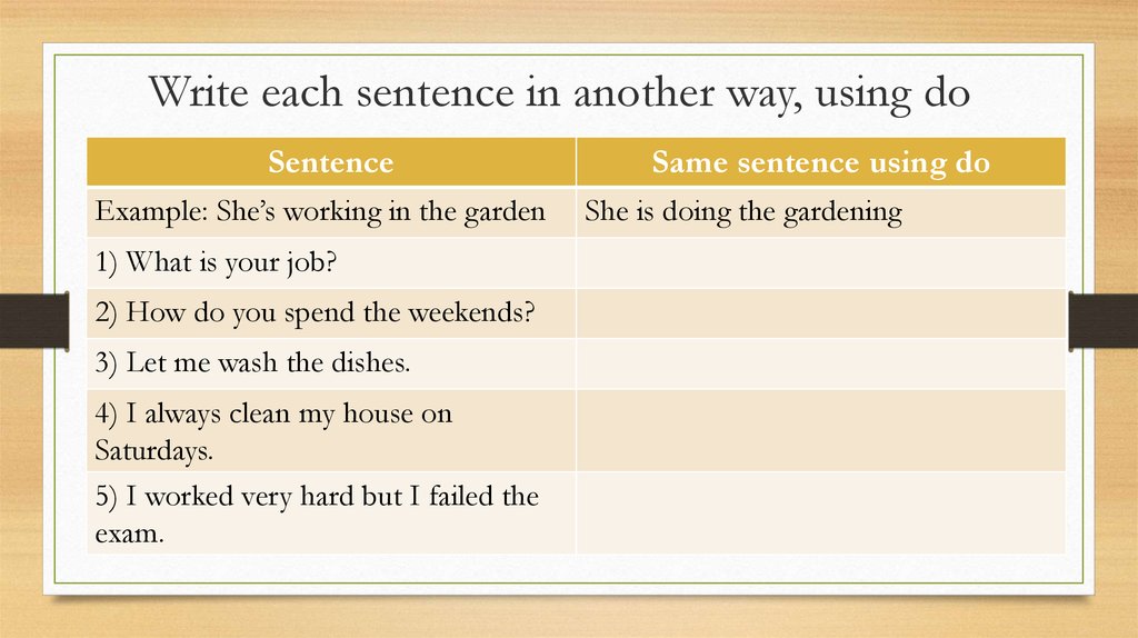 Write each sentence in another way, using do