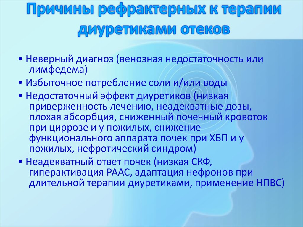 Причина длительного. Рефрактерность к диуретической терапии. Преодоления рефрактерности к диуретикам. Причины рефрактерности диуретиков. Причиной рефрактерности к диуретической терапии является.