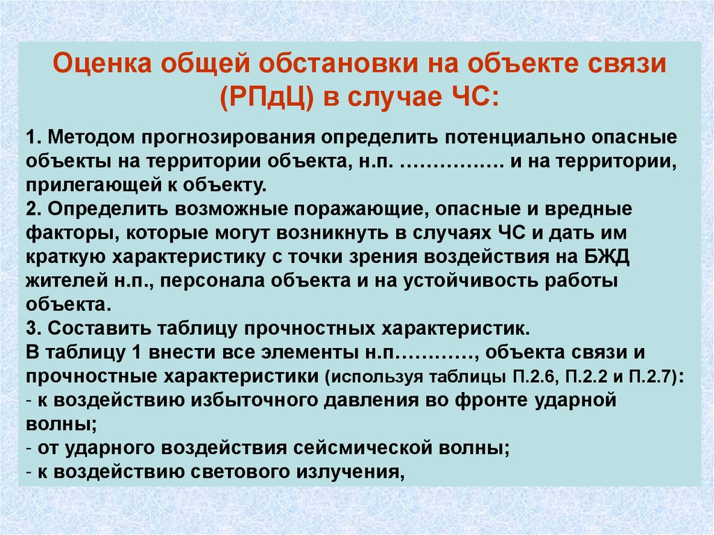 Общая ситуация. Оценка устойчивости объекта к воздействию ударной волны. Объект связи определение. Общая обстановка. Особо опасные сооружения связи.