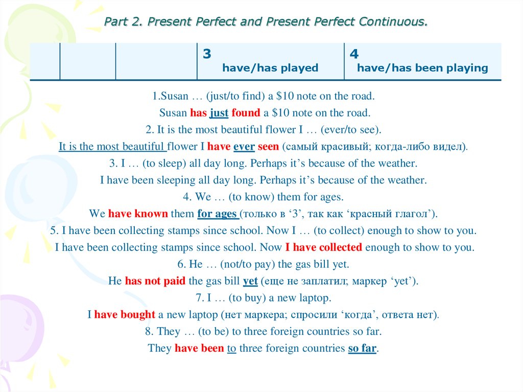 Part 2. Present Perfect and Present Perfect Continuous.