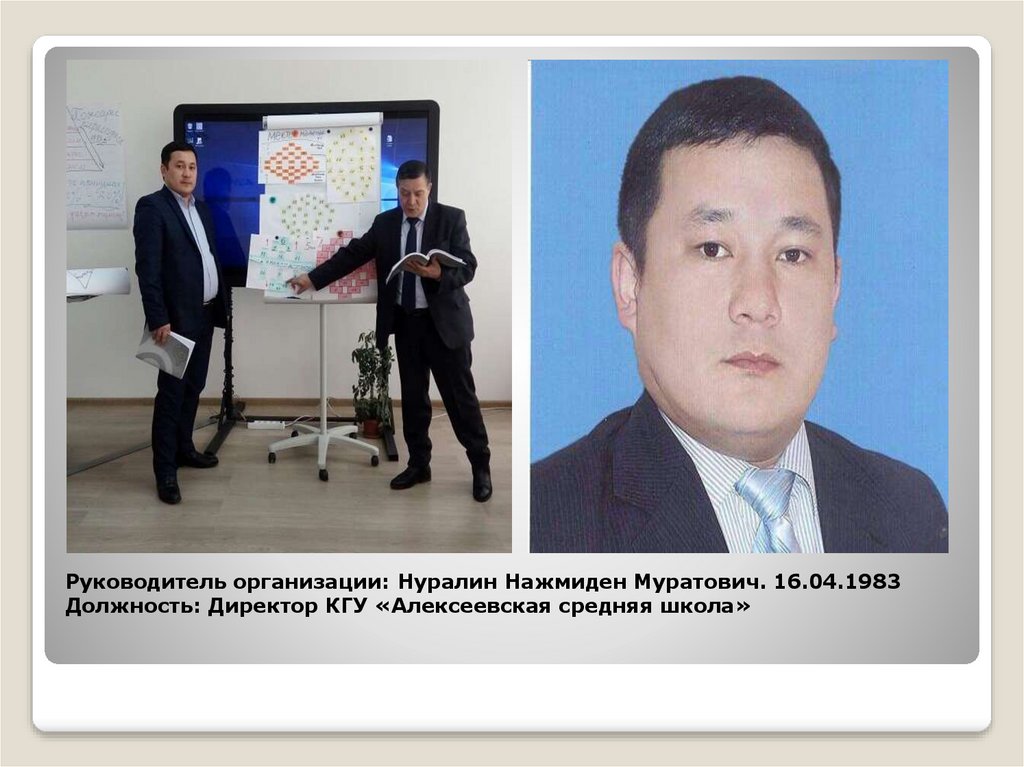 Руководитель организации: Нуралин Нажмиден Муратович. 16.04.1983 Должность: Директор КГУ «Алексеевская средняя школа»
