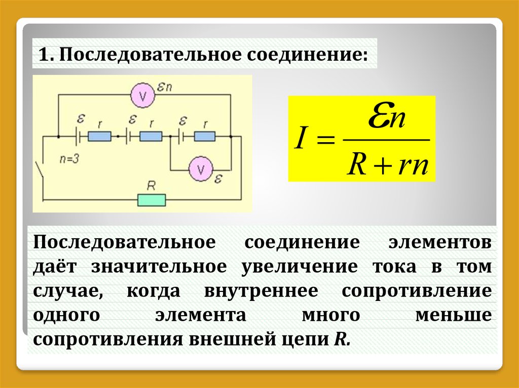 Внутреннее сопротивление при последовательном соединении. Последовательное соединение элементов сопротивлений. Сила тока в параллельном соединении источников тока. Последовательное соединение амперметр в цепи. Формула последовательного соединения источников.