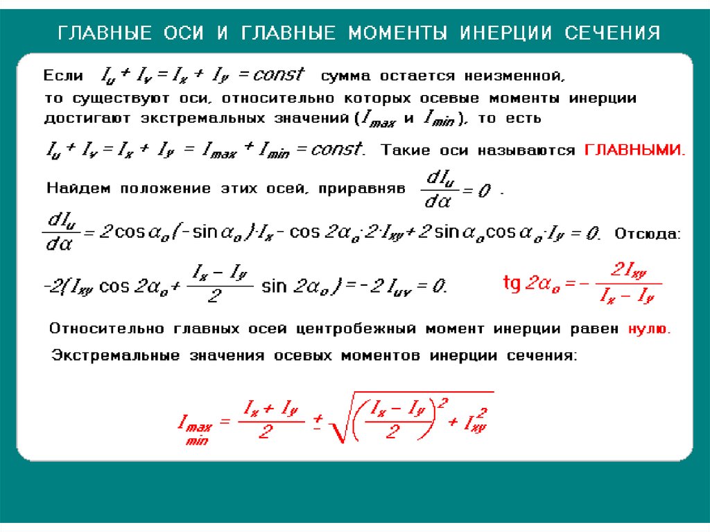 Формула оси. Главные моменты инерции сечения. Определение осевого момента инерции. Формула главных осевых моментов инерции. Определение положения главных осей инерции.