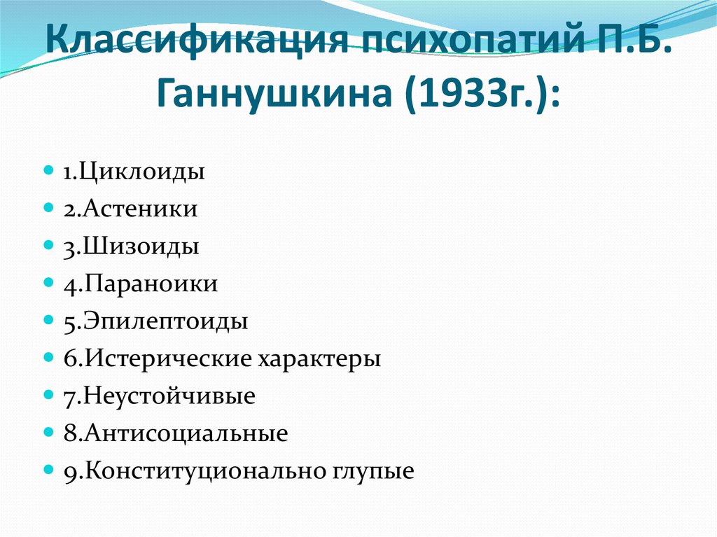 Классификация психопатий П.Б. Ганнушкина (1933г.):