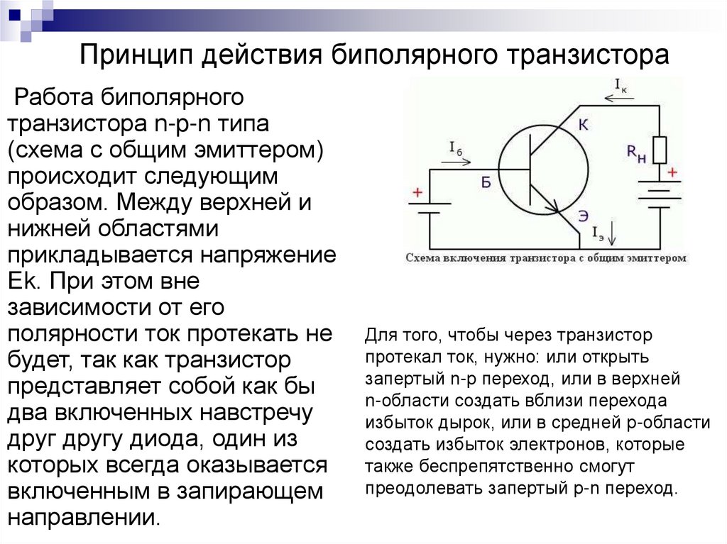 Транзистор где. Принцип действия биполярного транзистора. Биполярный транзистор. Принцип действия транзистора. Транзисторы принцип действия схемы включения. Принцип действия NPN транзистора.