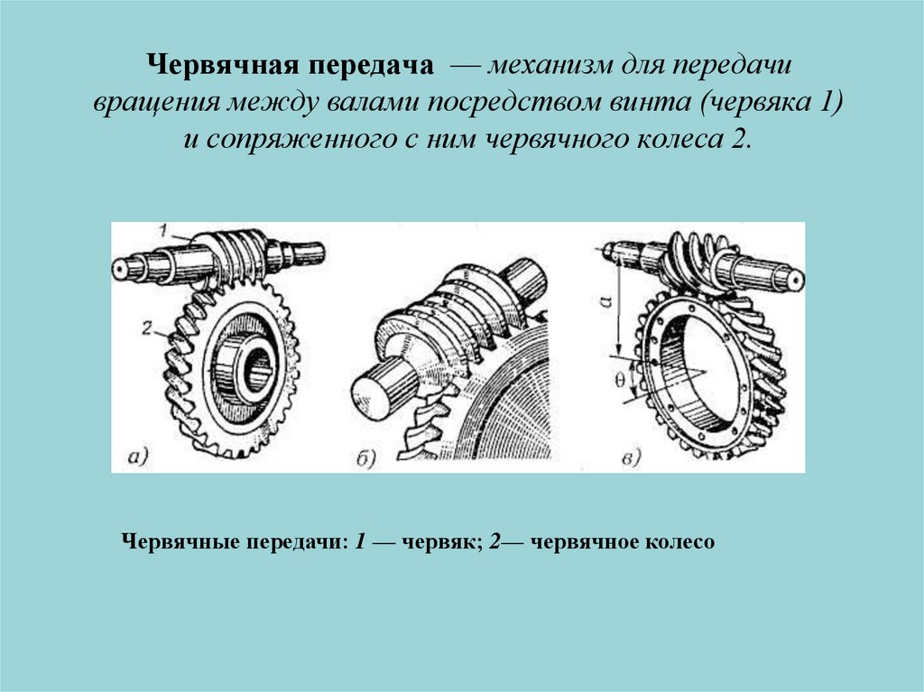 Червячная передача — механизм для передачи вращения между валами посредством винта (червяка 1) и сопряженного с ним червячного