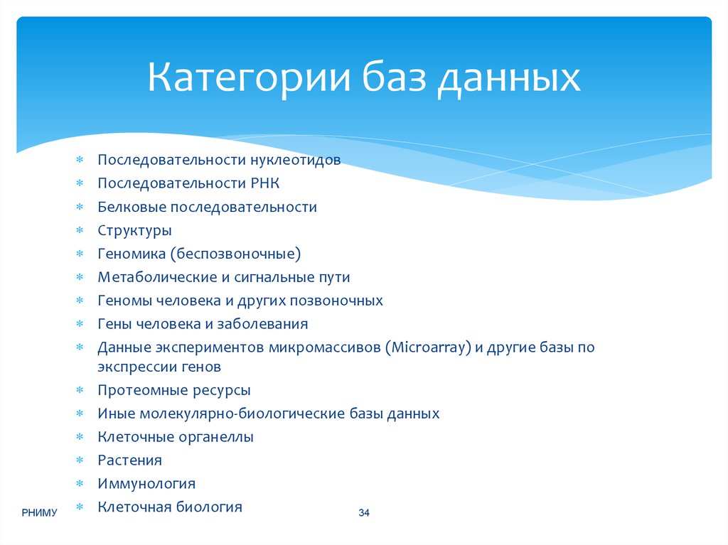 Последовательность данных. Категории в БД. Биологические базы данных. 