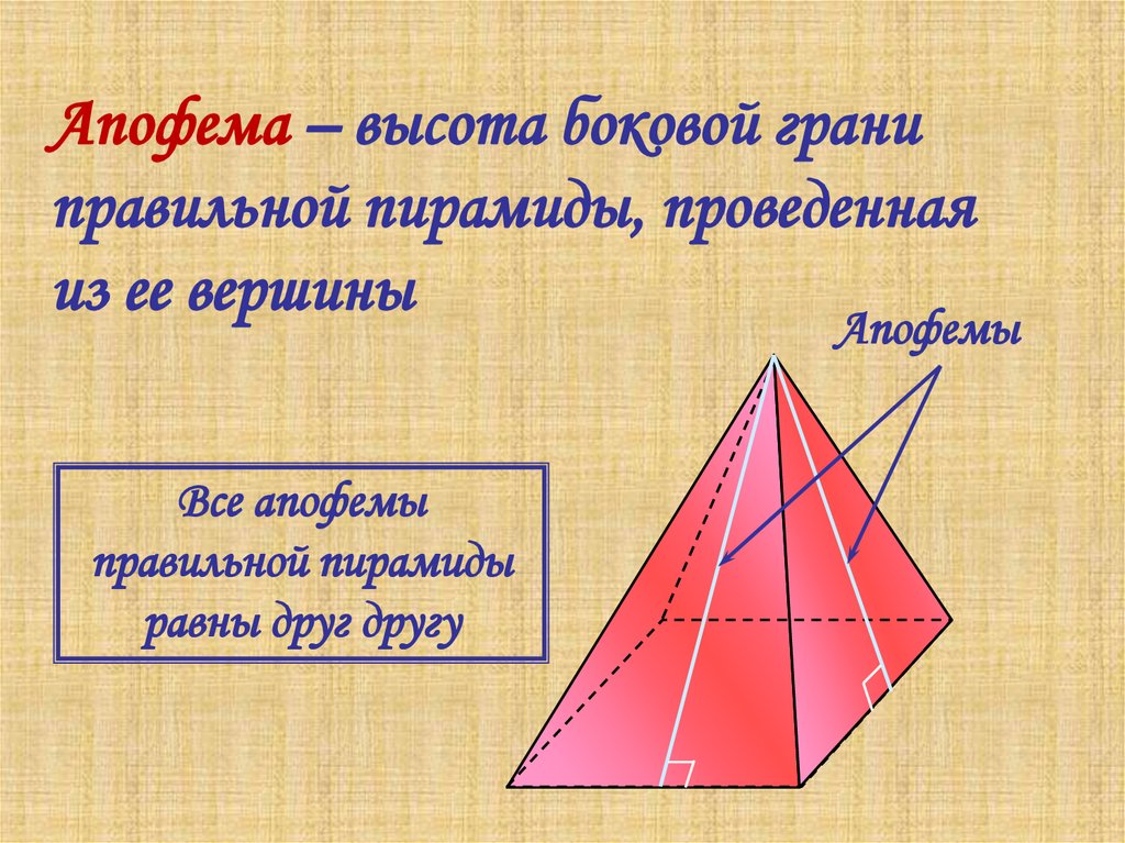 Половина произведения периметра основания на апофему. Апофема и высота пирамиды. Апофема грани пирамиды. Высота грани пирамиды. Высота и апофема правильной пирамиды.