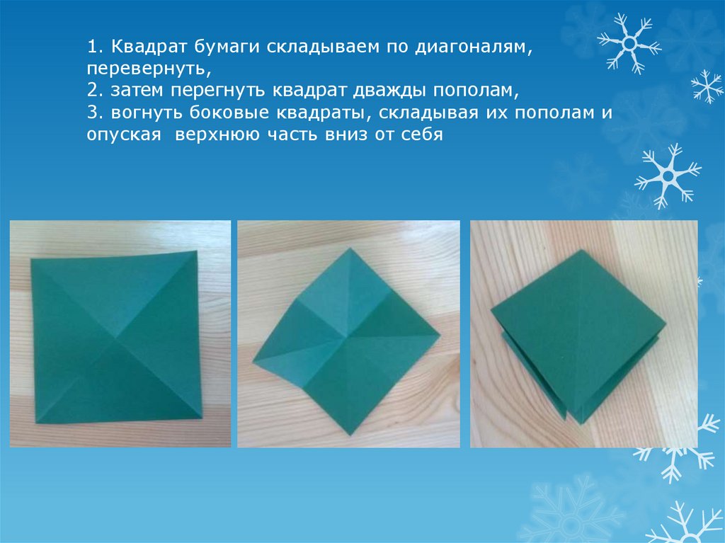1. Квадрат бумаги складываем по диагоналям, перевернуть, 2. затем перегнуть квадрат дважды пополам, 3. вогнуть боковые