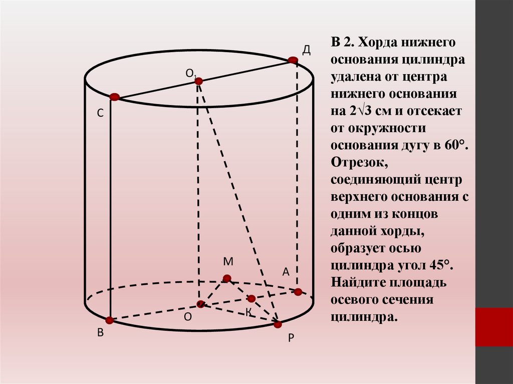 В основании цилиндра лежит. Дуга 120 градусов основания цилиндра. Хорда Нижнего основания цилиндра удалена от центра. Хорда Нижнего основания цилиндра отсекает. Хорда основания цилиндра.
