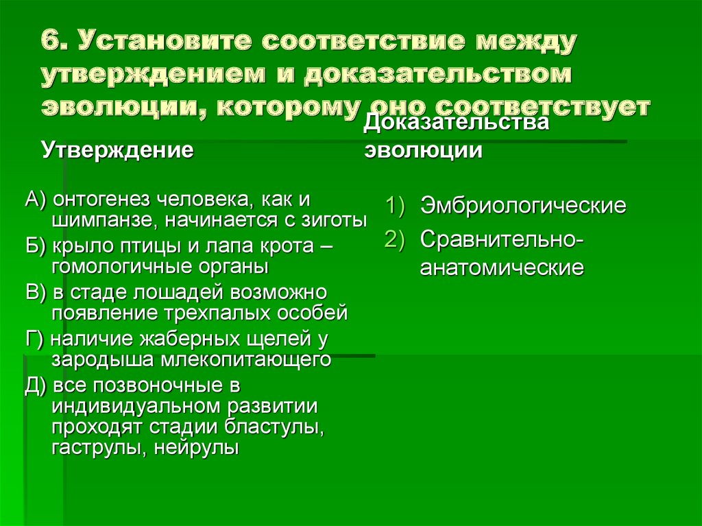 Установите соответствие между доказательством эволюции