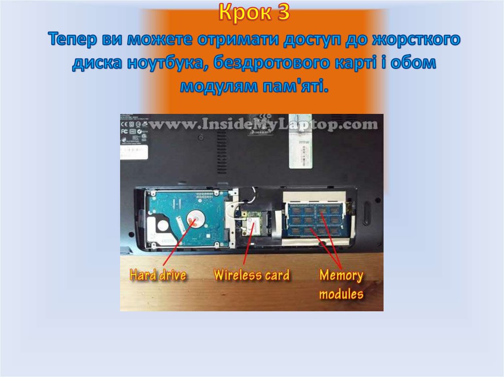 Крок 3 Тепер ви можете отримати доступ до жорсткого диска ноутбука, бездротового карті і обом модулям пам'яті.