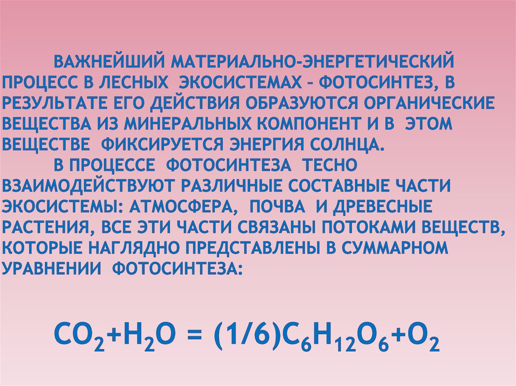 Важнейший материально-энергетический процесс в лесных экосистемах – фотосинтез, в результате его действия образуются