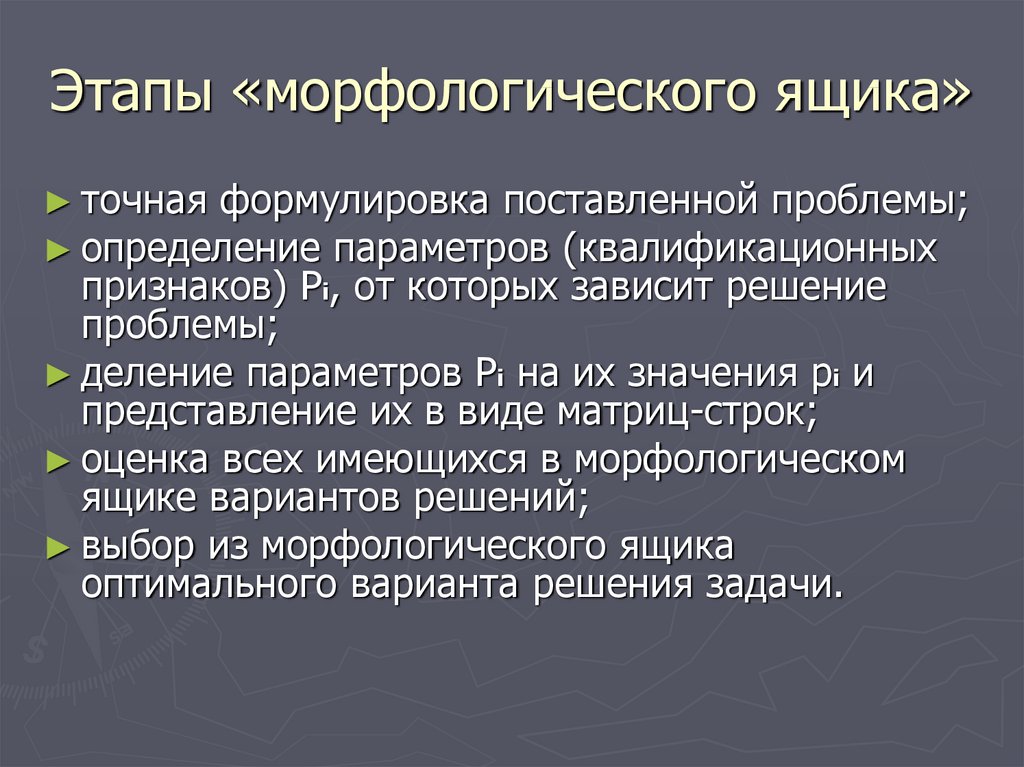 Проблемы истории. Метод морфологического ящика этапы. Этапы планирования морфологический. Морфологический разбор управленческие решения. Метод морфологического ящика основал.