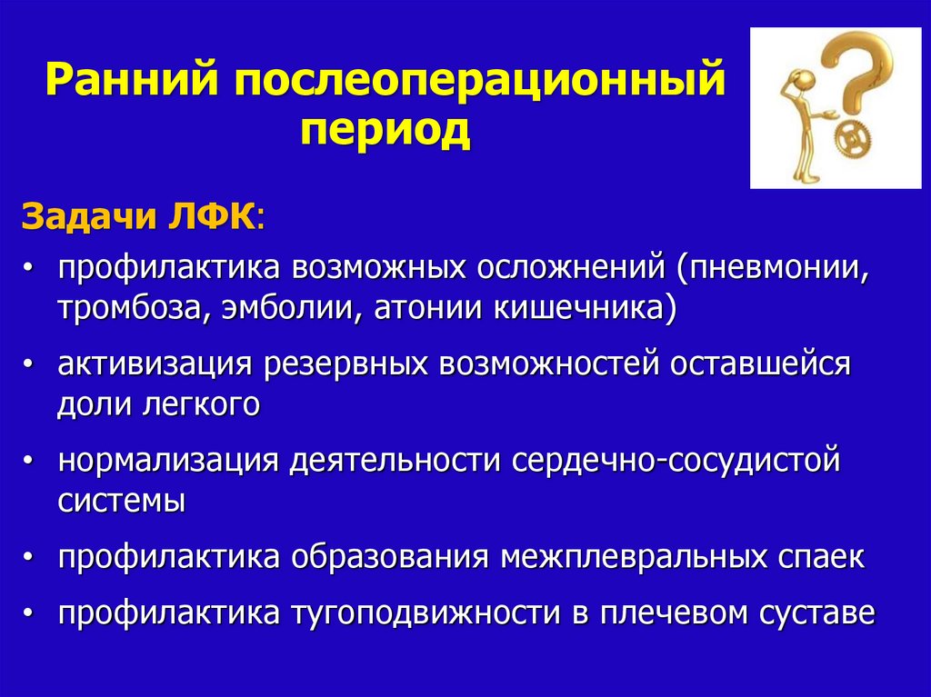 Ранний послеоперационный. Профилактика раннего послеоперационного периода. Ранний послеоперационный период. Задачи ЛФК В раннем послеоперационном периоде. Осложнения раннего послеоперационного периода.