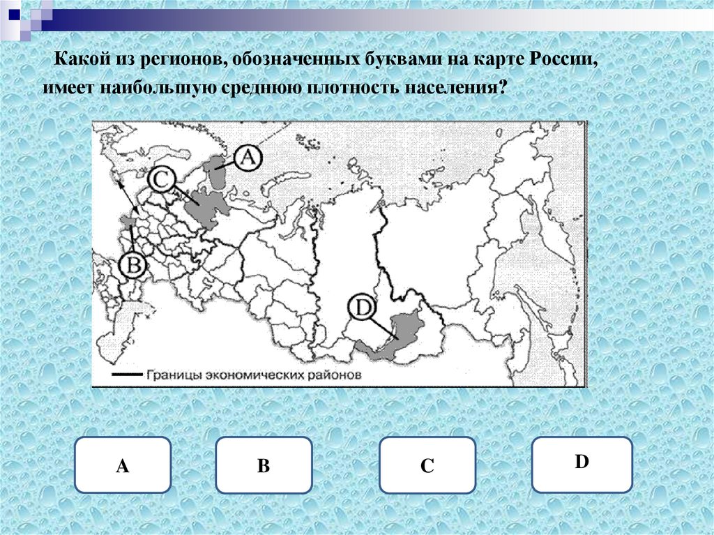 Средняя плотность буква. Какой из регионов, обозначенных буквами на карте России,. Какой из регионов имеет наибольшую среднюю плотность населения. Какие субъекты РФ имеют наибольшую среднюю плотность. Имеет наибольшую среднюю плотность.