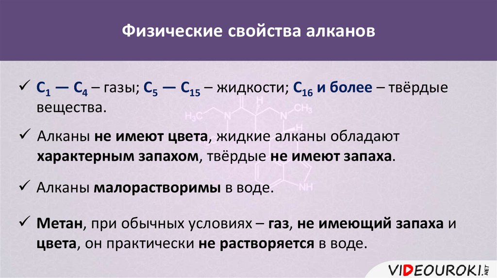 Физическое свойство алкана. Алканы не растворимы в воде.