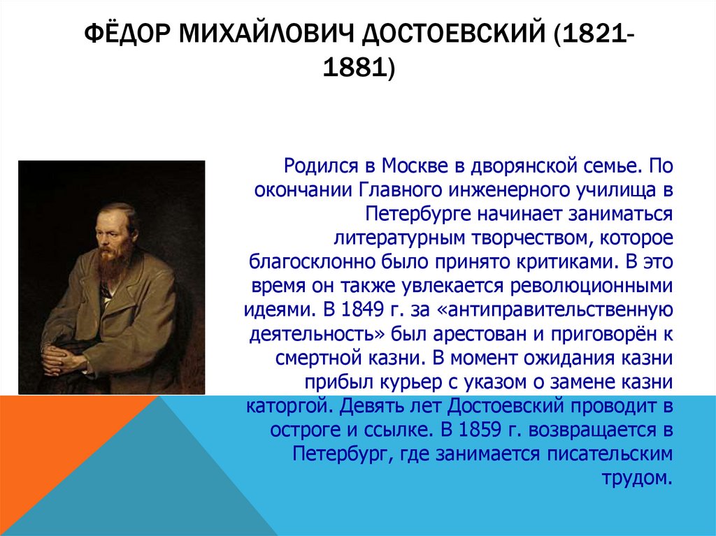 Факты о достоевском. Фёдор Достоевский 1821-1881. Ф М Достоевский родился в семье.