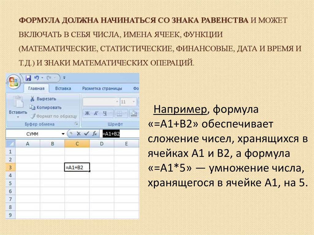 Какие данные содержит. Формулы могут включать в себя числа имена ячеек. Формула должна начинаться. Имя ячейки. Формулы электронных таблиц могут содержать.