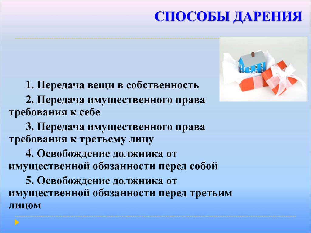 Передаваемый предмет. Способы дарения. Способы передачи вещи. Способы дарения в гражданском праве. Способы пожертвования.